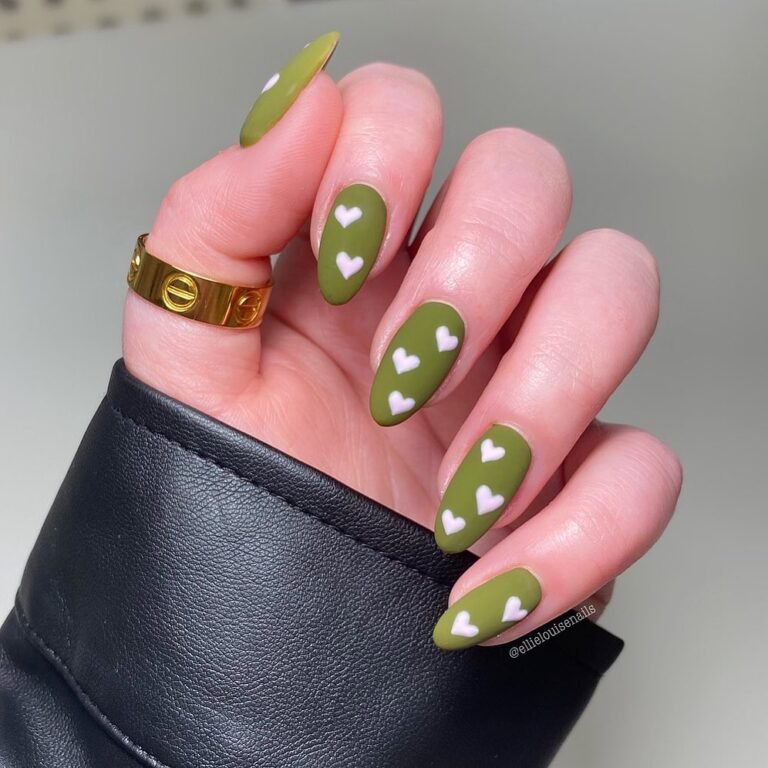 20 Trendy Olive Green Nails You’ll Want to Try Now 14 Olive Green with Heart Accents