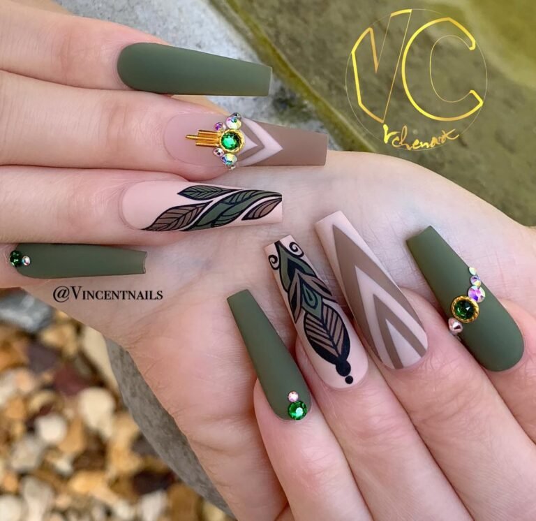20 Trendy Olive Green Nails You’ll Want to Try Now 12 Olive Green with Boho Vibes