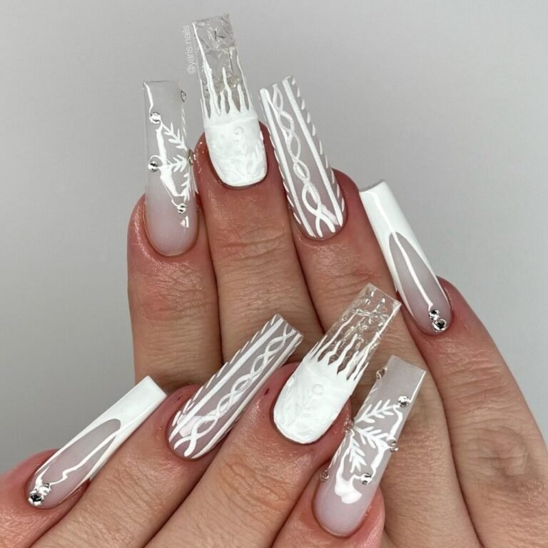 25 Elegant Winter Coffin Nail Designs You’ll Love 2 Icy Snowfall Nails