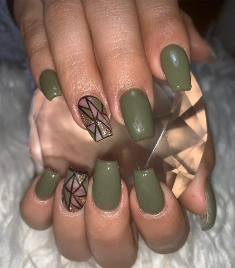 20 Trendy Olive Green Nails You’ll Want to Try Now 5 Olive Green with Geometric Patterns